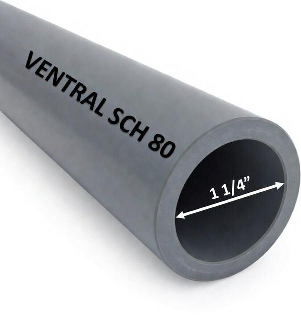 Gray pipe labeled 'VENTRAL SCH 80' with a measurement of '1 1/4”' on a white background
