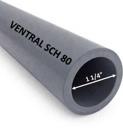 Gray pipe labeled 'VENTRAL SCH 80' with a measurement of '1 1/4”' on a white background